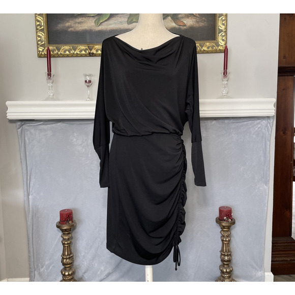 white birch Dresses & Skirts - White Birch Black Rucked Draped Cowl Neck Dress Large